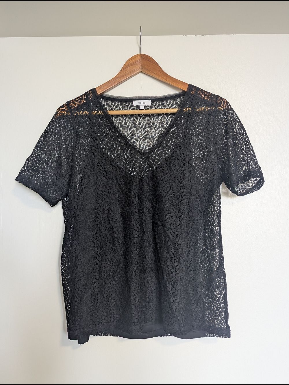 Reiss Medium Black Lace Sheer V-Neck Tee With Built-In Camisole